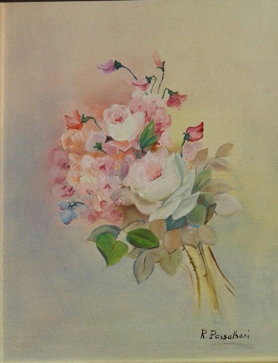 Painting titled "Roses anciennes 3" by Rose Passalboni Giudicelli, Original Artwork, Oil Mounted on Wood Stretcher frame
