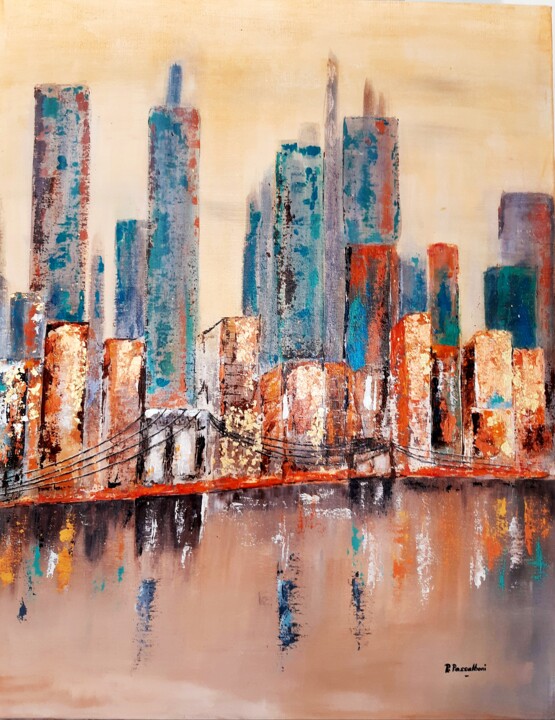 Painting titled "Brooklyn bridge" by Rose Passalboni Giudicelli, Original Artwork, Acrylic Mounted on Wood Stretcher frame