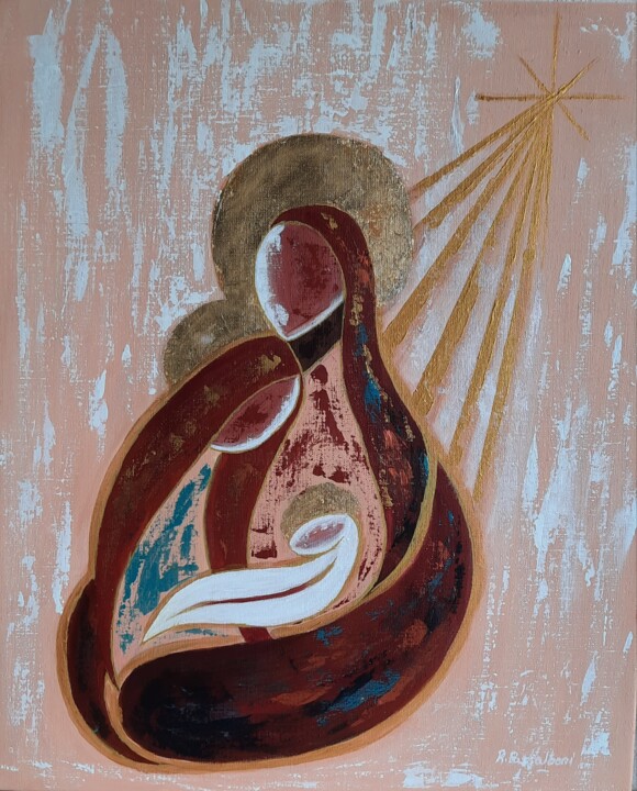 Painting titled "Nativité 2" by Rose Passalboni Giudicelli, Original Artwork, Acrylic Mounted on Wood Stretcher frame