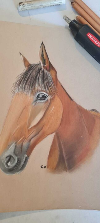 Drawing titled "Cheval robe claire" by Rose Renoir, Original Artwork, Pastel