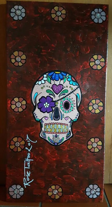 Painting titled "Skull flower" by Rose (rosetattoo), Original Artwork, Acrylic
