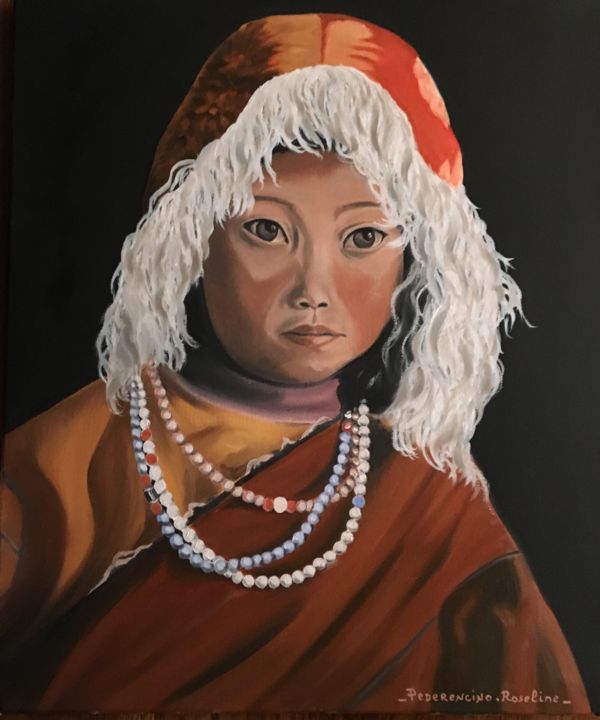 Peinture intitulée "Enfant Tibétain" par Roseline Pederencino Et Olivier Villella, Œuvre d'art originale, Huile
