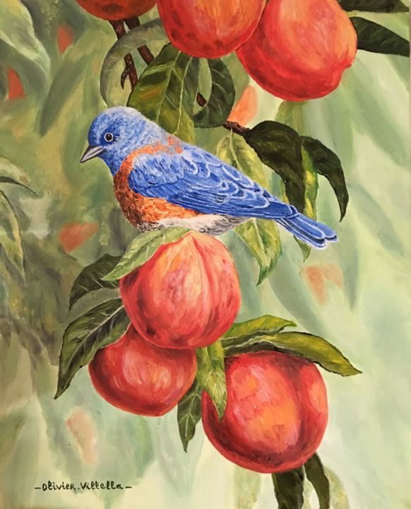 Painting titled "Oiseau Bleu Oriental" by Roseline Pederencino Et Olivier Villella, Original Artwork, Oil