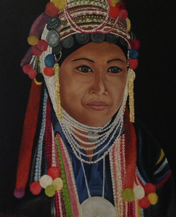 Malerei mit dem Titel "Thailandaise Akha" von Roseline Pederencino Et Olivier Villella, Original-Kunstwerk, Öl