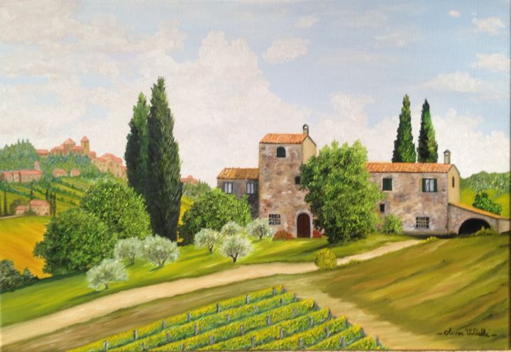 Malerei mit dem Titel "Balade en Toscane" von Roseline Pederencino Et Olivier Villella, Original-Kunstwerk, Öl