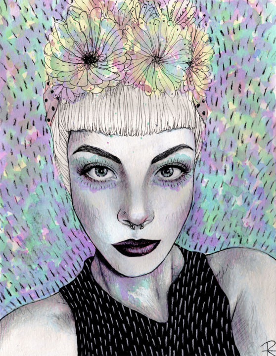 Dessin intitulée "Mourning flower" par Roselin Estephanía, Œuvre d'art originale, Crayon
