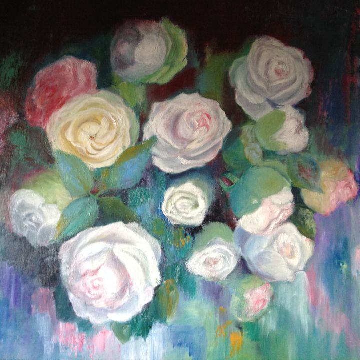 Painting titled "Bouquet de roses" by Roseline Chesserond, Original Artwork, Oil