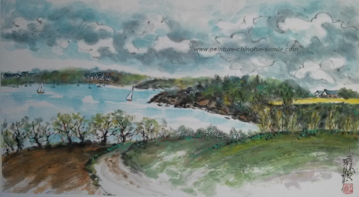 Painting titled "Sur les bords de Ra…" by Roselyne Pegeault, Original Artwork