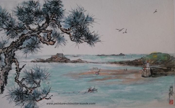 Painting titled "Retour du pêcheur a…" by Roselyne Pegeault, Original Artwork