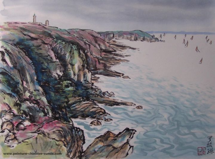 Peinture intitulée "Bruyère au Cap Fréh…" par Roselyne Pegeault, Œuvre d'art originale