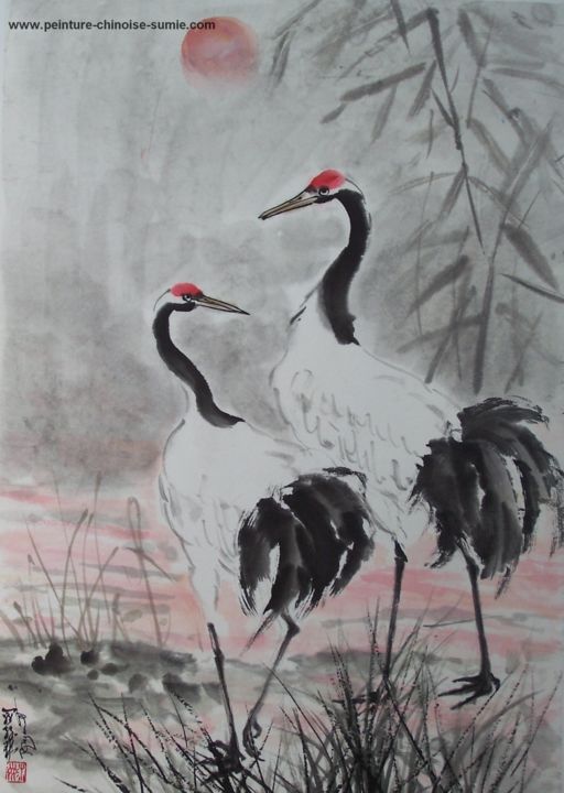 Painting titled "couple de grues jap…" by Roselyne Pegeault, Original Artwork, Watercolor