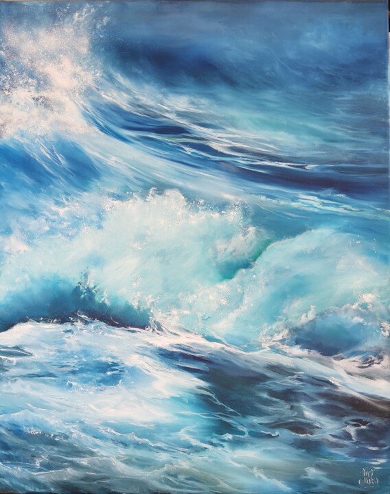 Pintura titulada "Stormy wave" por Roselyne Rollant (Evarose), Obra de arte original, Oleo Montado en Bastidor de camilla de…