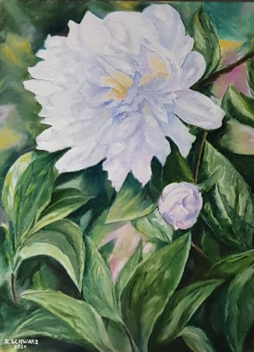 Malerei mit dem Titel "Pivoine" von Roselyne Schwarz, Original-Kunstwerk, Öl