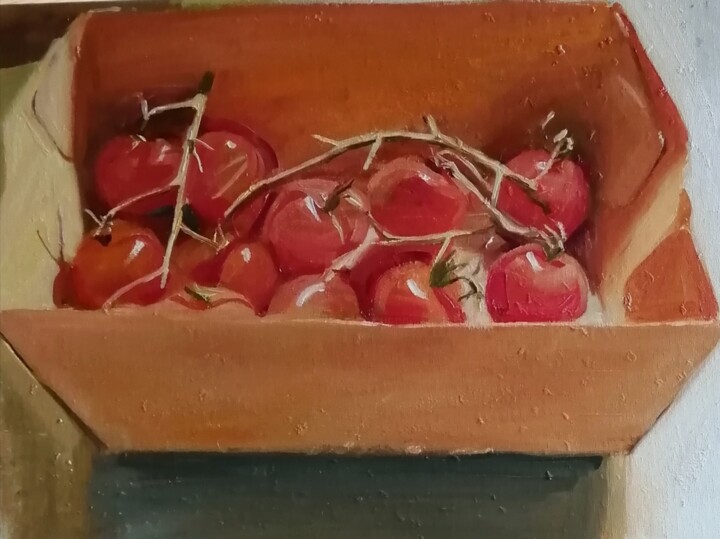 Schilderij getiteld "Box of tomatoes" door Rosemary Burn, Origineel Kunstwerk, Olie