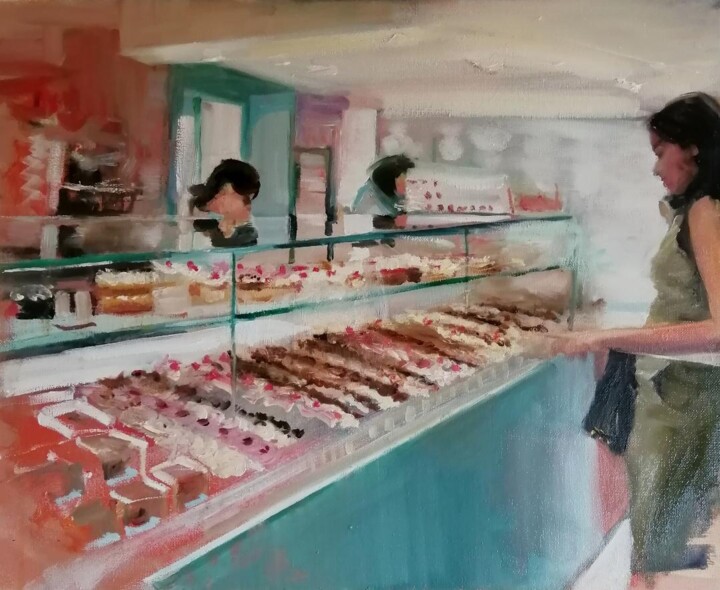 Malarstwo zatytułowany „Cake counter” autorstwa Rosemary Burn, Oryginalna praca, Olej