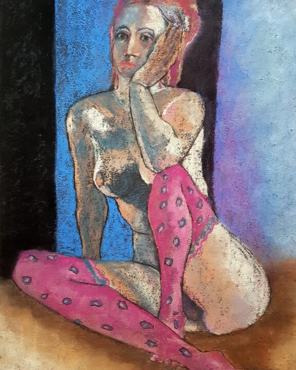 Painting titled "The pink stockings" by Rosemay Dahan, Original Artwork, Pastel
