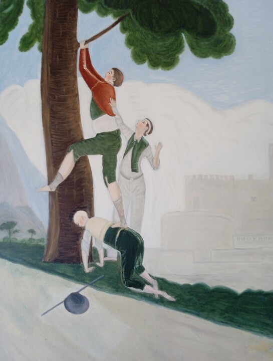 Malerei mit dem Titel "Niños trepando" von Roser Solà, Original-Kunstwerk, Öl