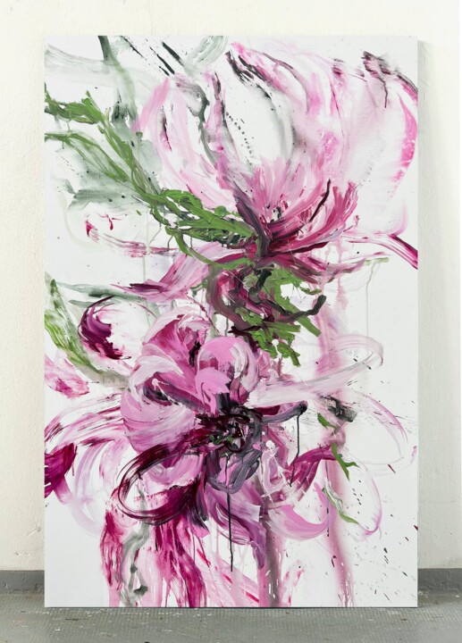 Painting titled "Pink flower 20" by Rosi Roys, Original Artwork, Acrylic