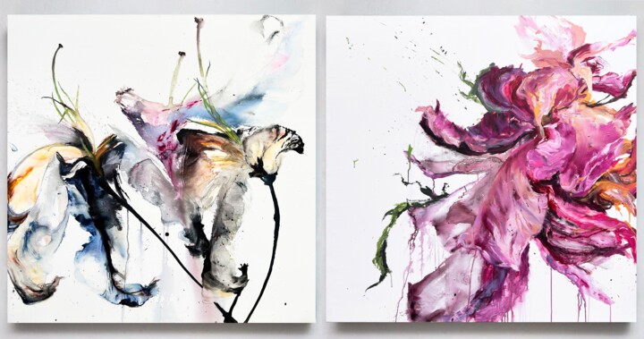 Painting titled "Flower diptych 11" by Rosi Roys, Original Artwork, Acrylic
