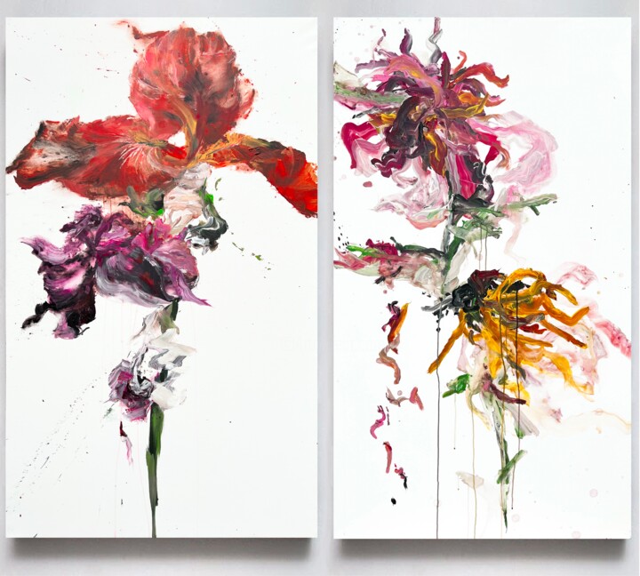 Schilderij getiteld "Flower diptych 12" door Rosi Roys, Origineel Kunstwerk, Acryl