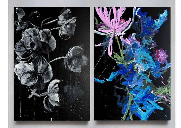 Malerei mit dem Titel "Flower diptych 17" von Rosi Roys, Original-Kunstwerk, Acryl
