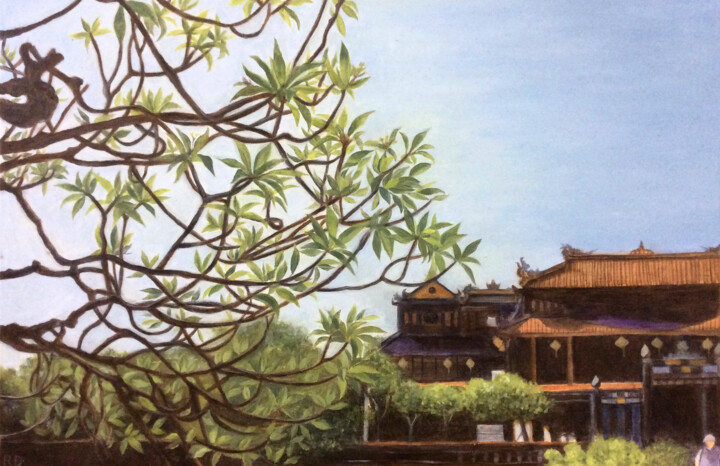 Painting titled "Tranquil Huế" by Rosie Dang, Original Artwork, Oil