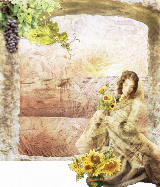Digital Arts titled "Girl with Sunflowers" by Rosie Daswani, Original Artwork, 2D Digital Work