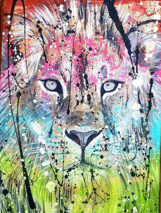 Painting titled "Panthera Leo" by Roswitha Tretter-Geiger (Rosie Tretter), Original Artwork, Acrylic