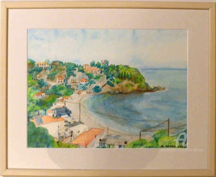 Painting titled "Chios series: Nagos…" by Rosita Allinckx, Original Artwork, Watercolor Mounted on Wood Stretcher frame