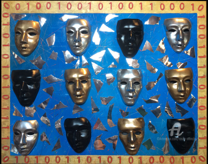 Collages getiteld "Masks" door Rosita Allinckx, Origineel Kunstwerk, Olie