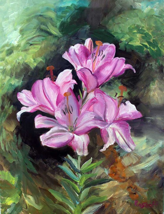 Painting titled "Lilac Lily" by Pavel Rosloff, Original Artwork, Oil