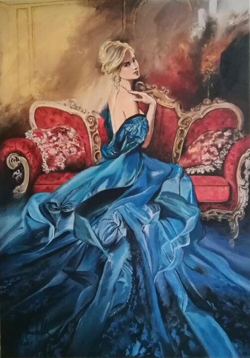 Painting titled "" LA DAMA IN BLU" by Rosa Nardella, Original Artwork, Oil