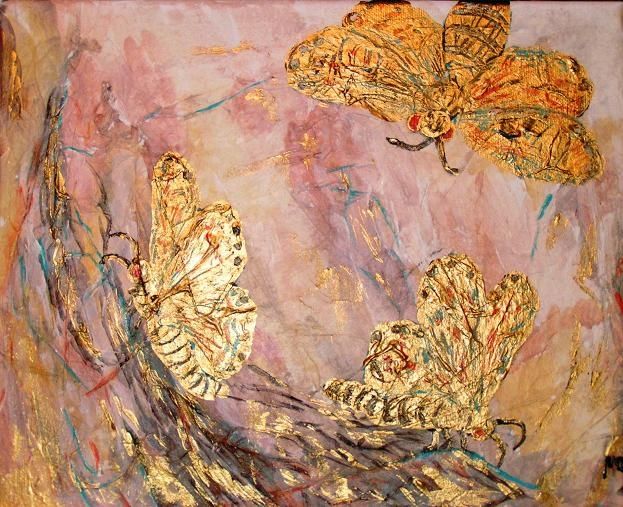 Painting titled "Papillons d'or" by Michèle Rossetto, Original Artwork