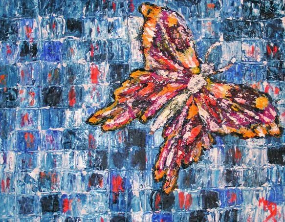 Painting titled "Papillon à fond bleu" by Michèle Rossetto, Original Artwork