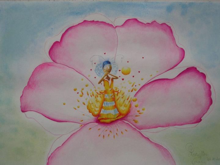 Painting titled "Mireille l'abeille" by Rosyline, Original Artwork, Watercolor