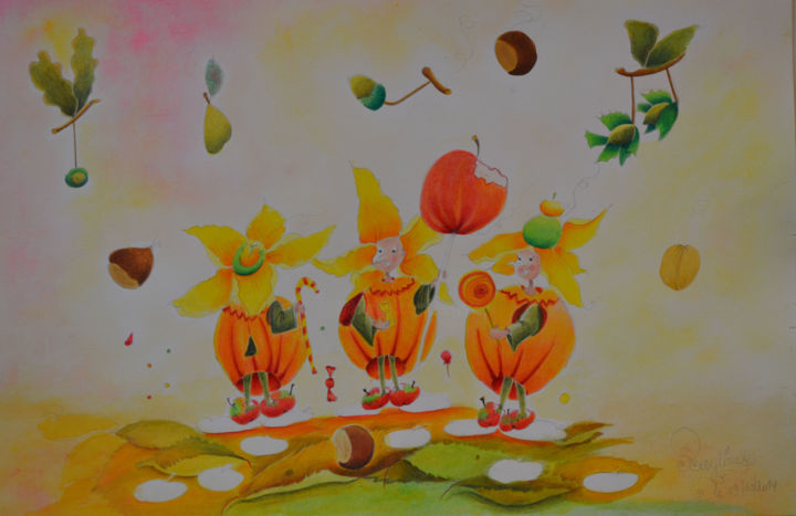 Peinture intitulée "Trois gobelins foli…" par Rosyline, Œuvre d'art originale, Aquarelle