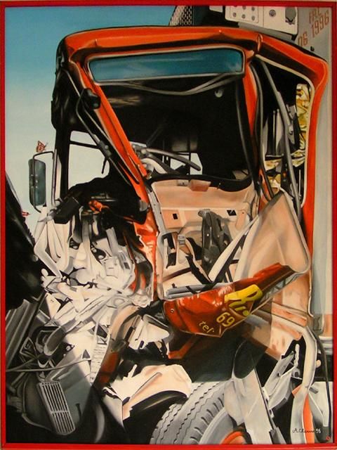 Peinture intitulée "camion et papillon" par André Chavanne, Œuvre d'art originale, Huile