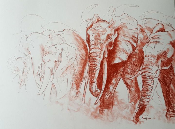 Dibujo titulada "Troupe d'éléphants" por Valerie Rouquie, Obra de arte original, Lápiz
