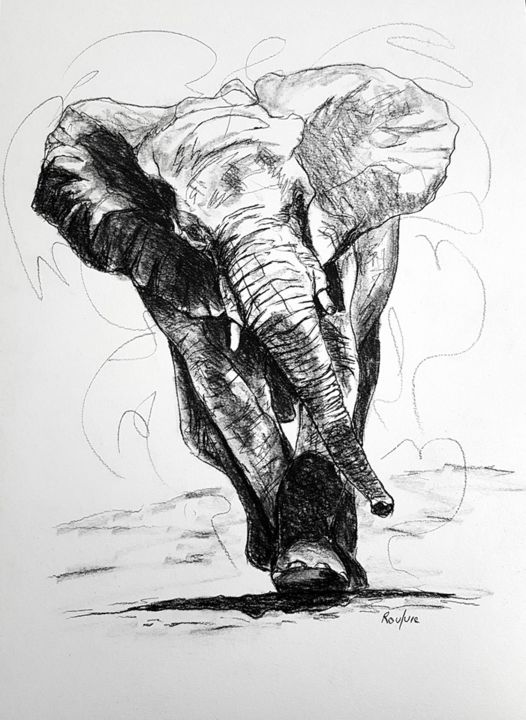 Drawing titled "L'elephant" by Valerie Rouquie, Original Artwork, Pencil
