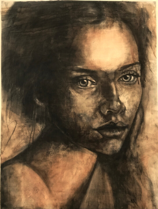 Painting titled "Pensive" by Nikou, Original Artwork, Charcoal
