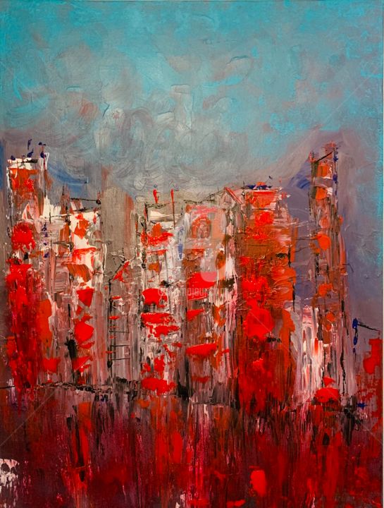 Painting titled "Red skylines 2" by Roxani Rohner, Original Artwork, Acrylic