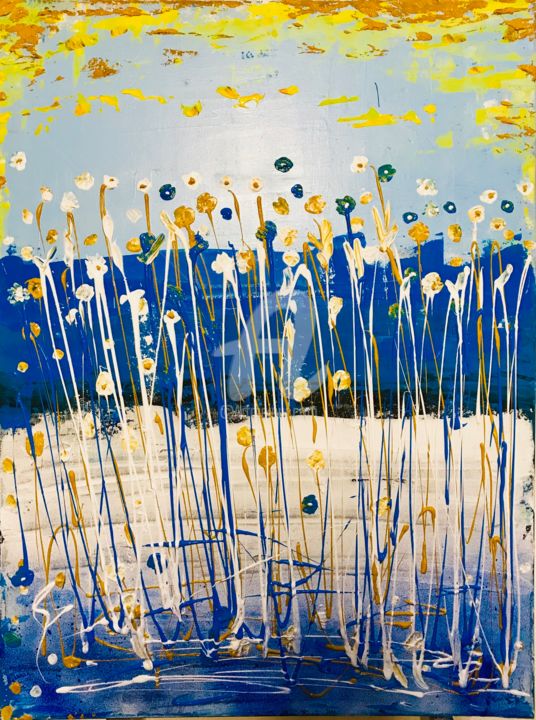 Malerei mit dem Titel "Summer flowers flyi…" von Roxani Rohner, Original-Kunstwerk, Acryl