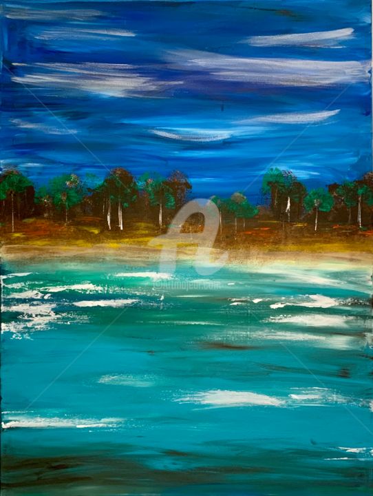 Ζωγραφική με τίτλο "Palm beach" από Roxani Rohner, Αυθεντικά έργα τέχνης, Ακρυλικό