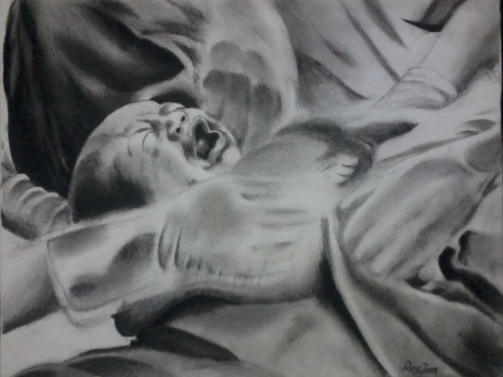 Drawing titled "Welcome to the world" by Roy Tan, Original Artwork, Charcoal