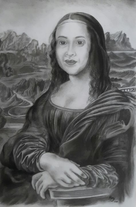 Dessin intitulée "Mara as Mona Lisa" par Roy Tan, Œuvre d'art originale, Fusain