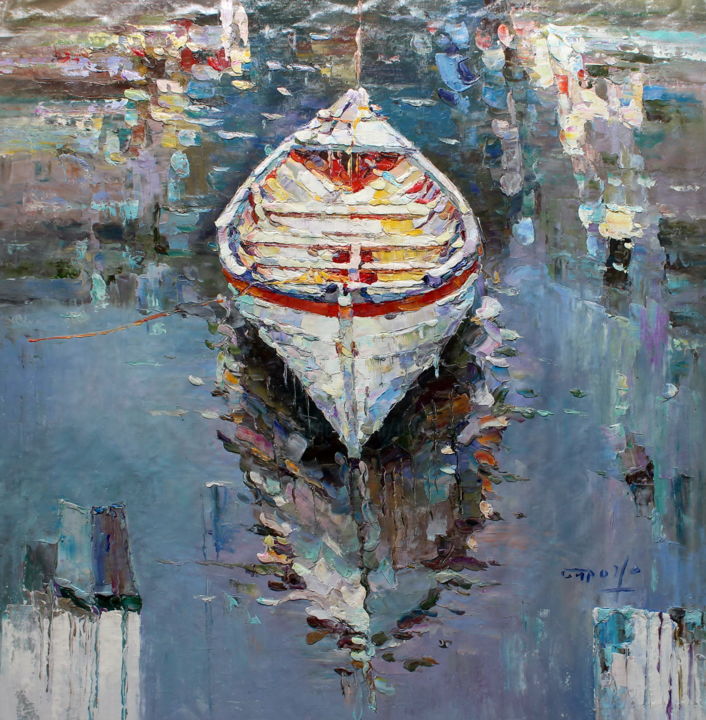 Painting titled "100x100cm Boat" by Royo Liu, Original Artwork, Oil