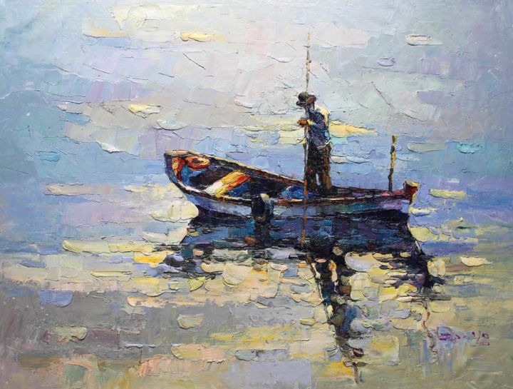 Pintura titulada "90x120cm Fishing Man" por Royo Liu, Obra de arte original, Oleo