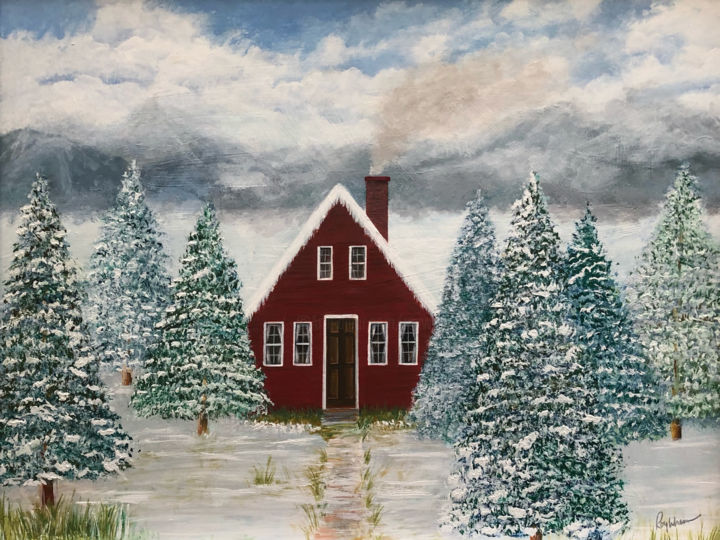 Картина под названием "Snowy Cottage" - Roy Wrenn, Подлинное произведение искусства, Акрил