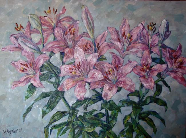 Картина под названием "Pink Lilies" - William Rozenson, Подлинное произведение искусства