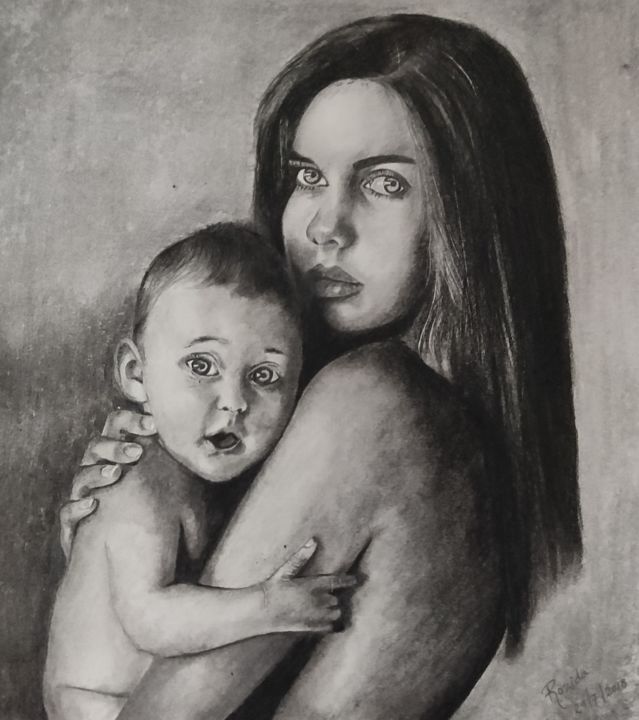 Drawing titled "Motherhood" by Rozida And Dilawar, Original Artwork, Charcoal
